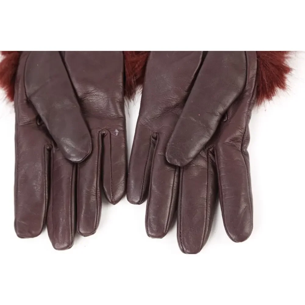 Gala Gloves 7 Brown Leather Winter Gloves Burgundy Faux Fur Cuff Luxury Italy